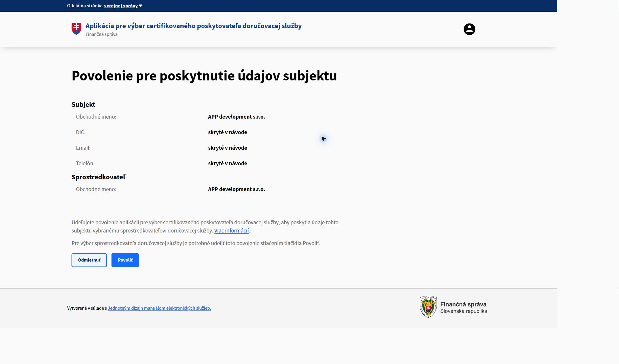Posledná obrazovka povolenia pre poskytnutie údajov subjektu