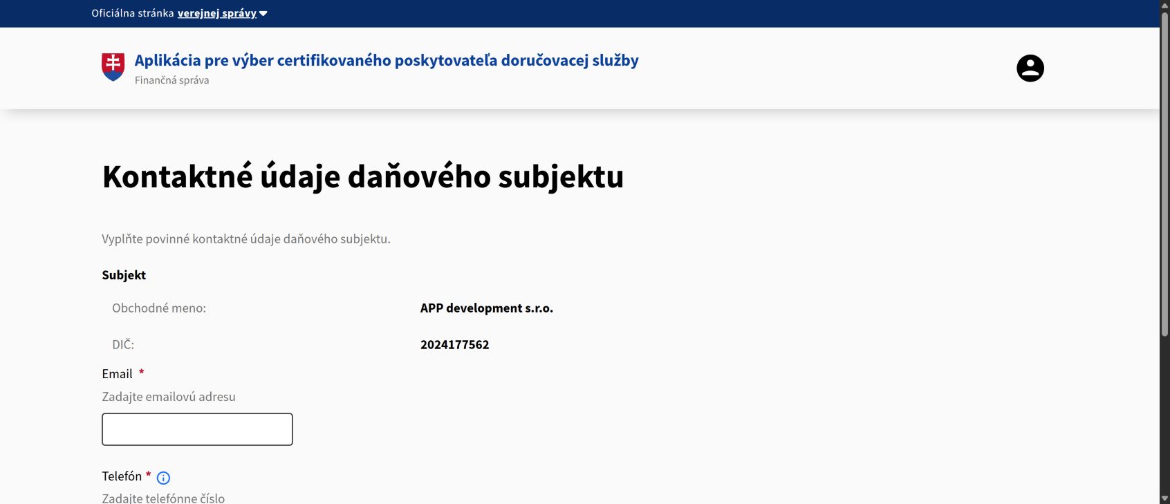 Formulár kontaktných údajov daňového subjektu