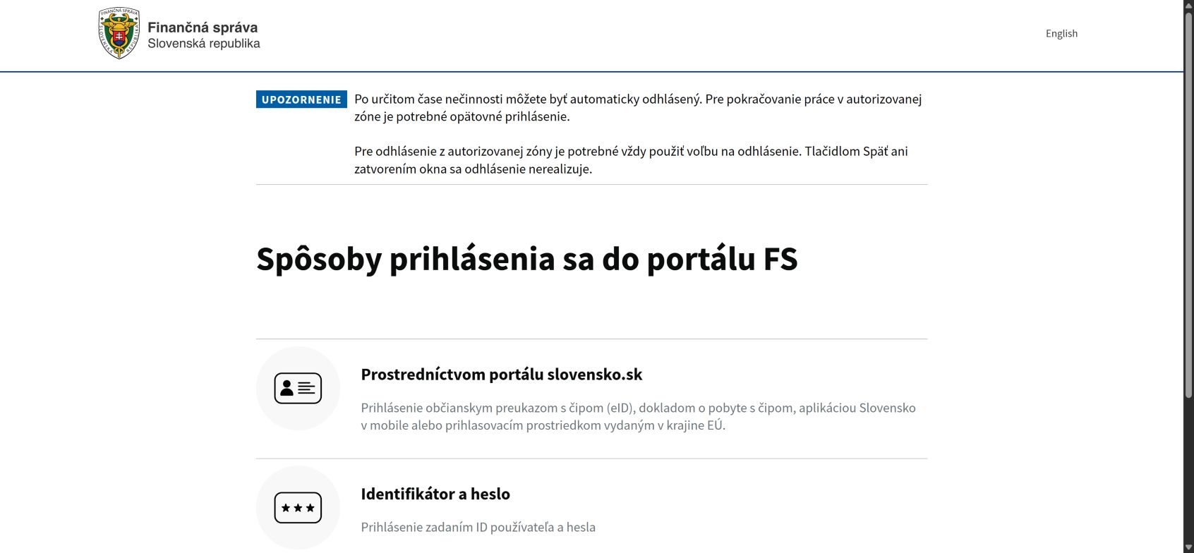Výber spôsobu prihlásenia na Portál finančnej správy