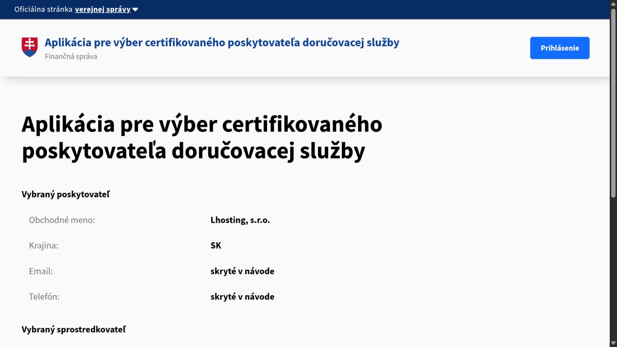 Oficiálna stránka Finančnej správy s vybraným poskytovateľom doručovacej služby