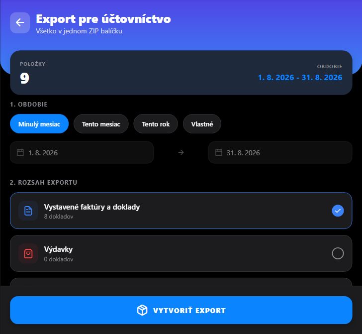 Export pre účtovníctvo s výberom obdobia a dokladov