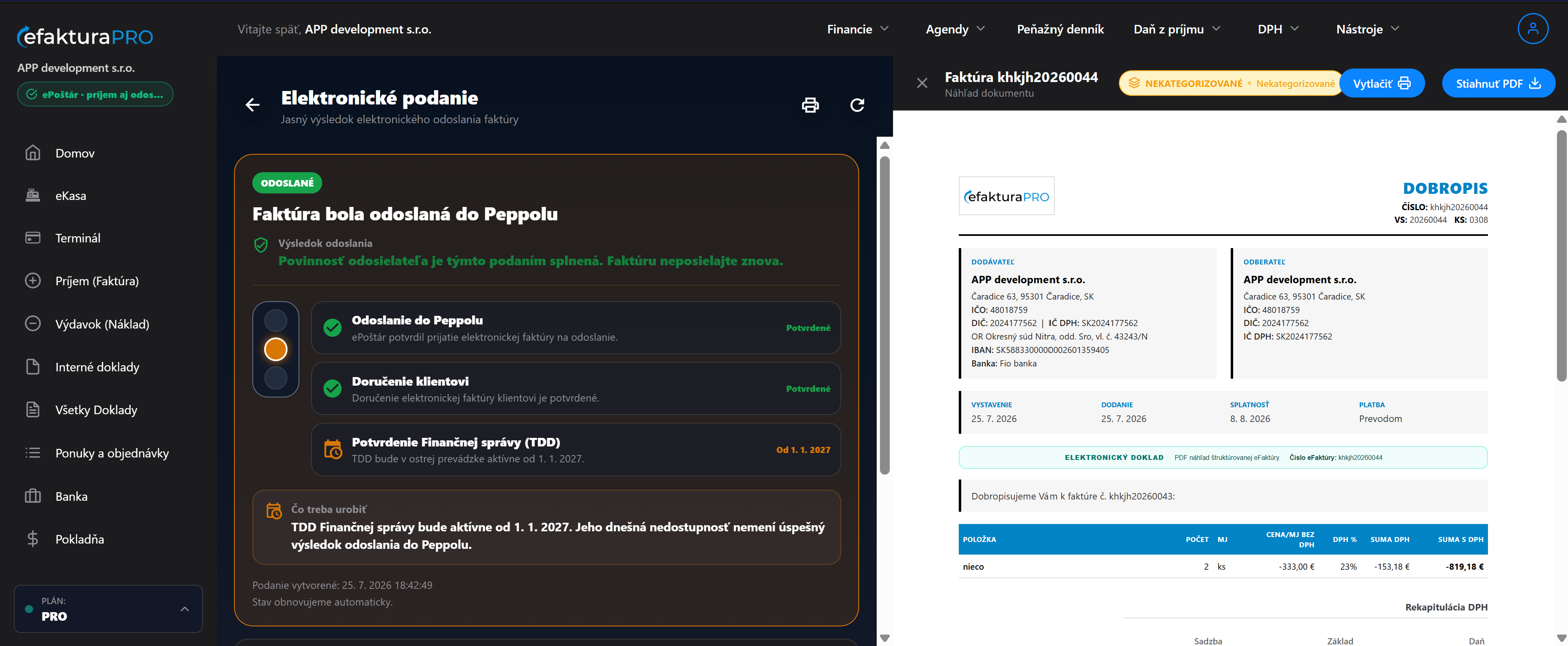 Potvrdenie odoslania elektronickej faktúry v eFakturaPRO